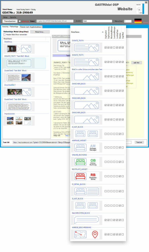 Einstellungen der eigenen Website mit dem GASTROdat OSP