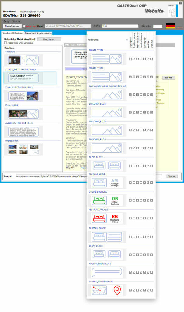 Einstellungen der eigenen Website mit dem gastrodat OSP