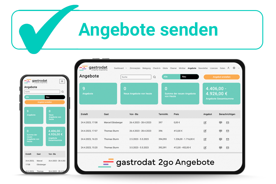 Angebote: Übersicht zu den in gastrodat 2go erstellten Angeboten. Auch Versand möglich, sofern gastrodat KorrespondenzManager installiert