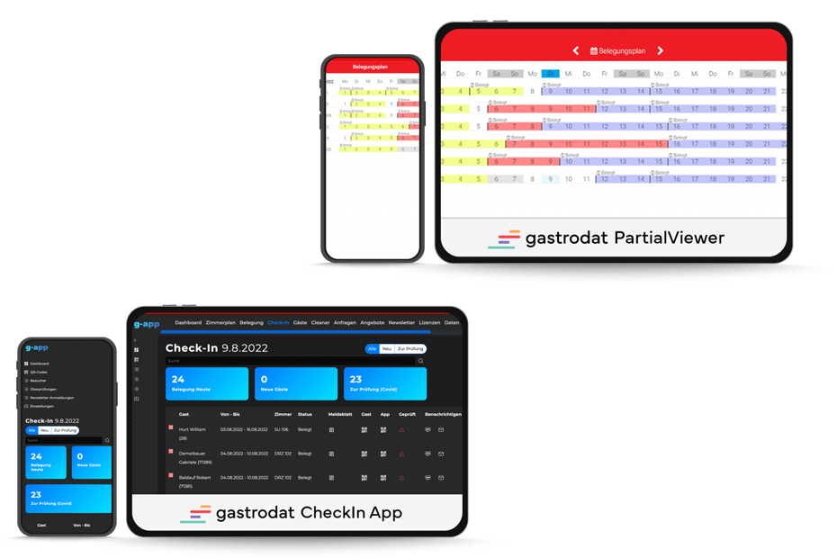 Modernes, funktionales Design für mehr Flexibilität – das zeichnet die gastrodat CheckIn-App (CIA) und und den gastrodat Partial Viewer aus. Von den Apps profitieren Gäste, Hoteliers und Inhaber fremdgeführter Appartements.